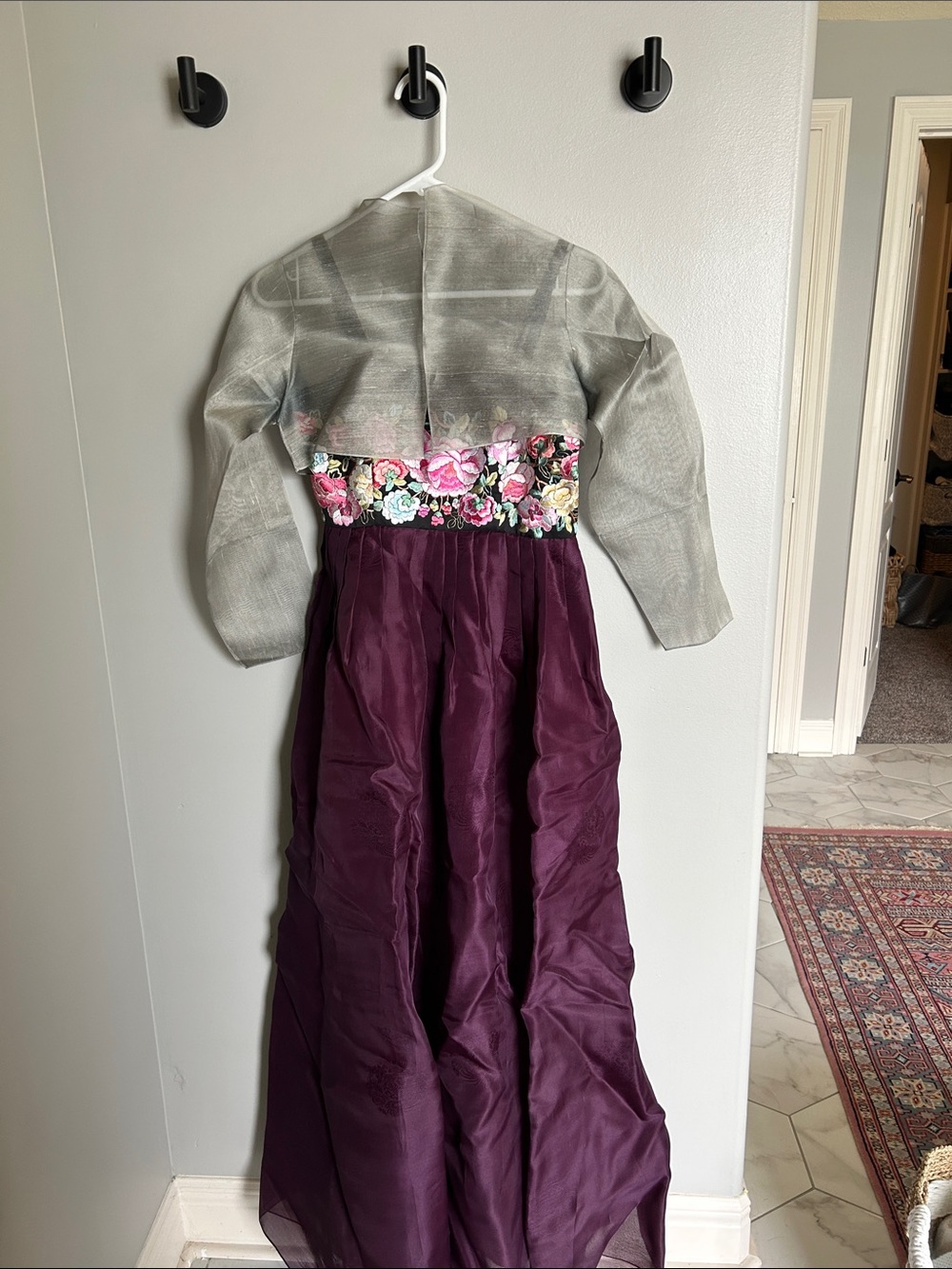 Embroidered Floral Bodice Plum Evening Dress with Silver Bolero